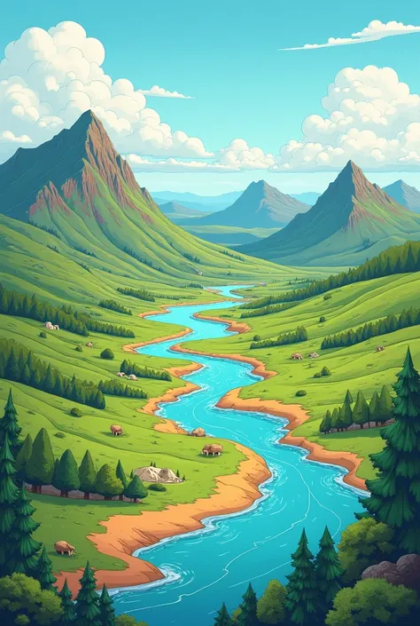 Create a poster that illustrates the different landscapes and ecosystems found on Earth. Include at least three different landforms (e.g., mountains, valleys, plains) and two water bodies (e.g., rivers, lakes). Label each landform and water body and descri...