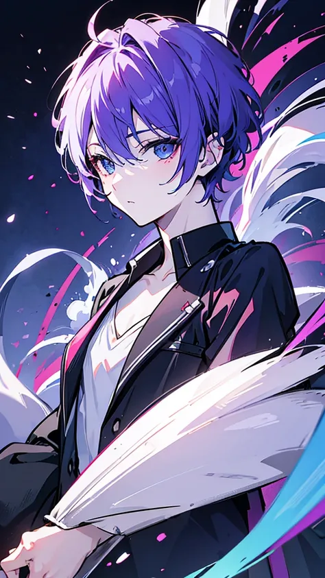 ((Highest quality)), ((masterpiece)), ((1 person)),Perfect Face、male、Purple hair color、Light blue eyes、Very short hair、vocal、pale colour、whole body、Black Shirt、firework、look back