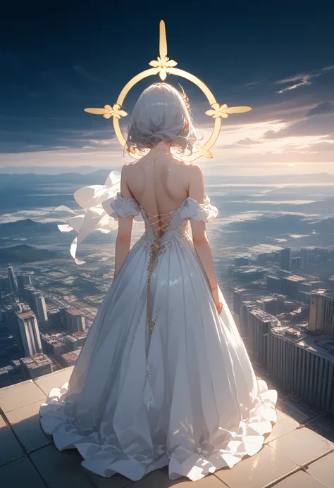 
(back view:1.5) very beautiful woman angel(Long platinum hair, white dress with wide back,(big beautiful angel wing from her chest),very beautiful shiny halo), she opened her arms wide and gently, as if looking for salvation, she is above the clouds and l...