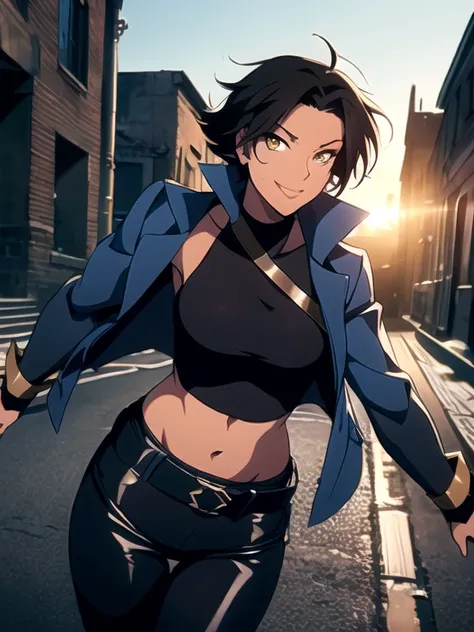 castlevania style, outdoors, Empty City at Night 1girl, solo, 26 years old, tomboy, Short Black Hair, (tan-bronze skin), yellow eyes, medium breasts, cleavage, (Midriff), (Wearing: opened blue jacket, Strapless black top, Belt, Black shiny leather pants), ...