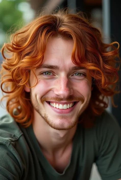 Realistic photo of 26 year old man; long hair, red and curly; greeneyes; Grinning