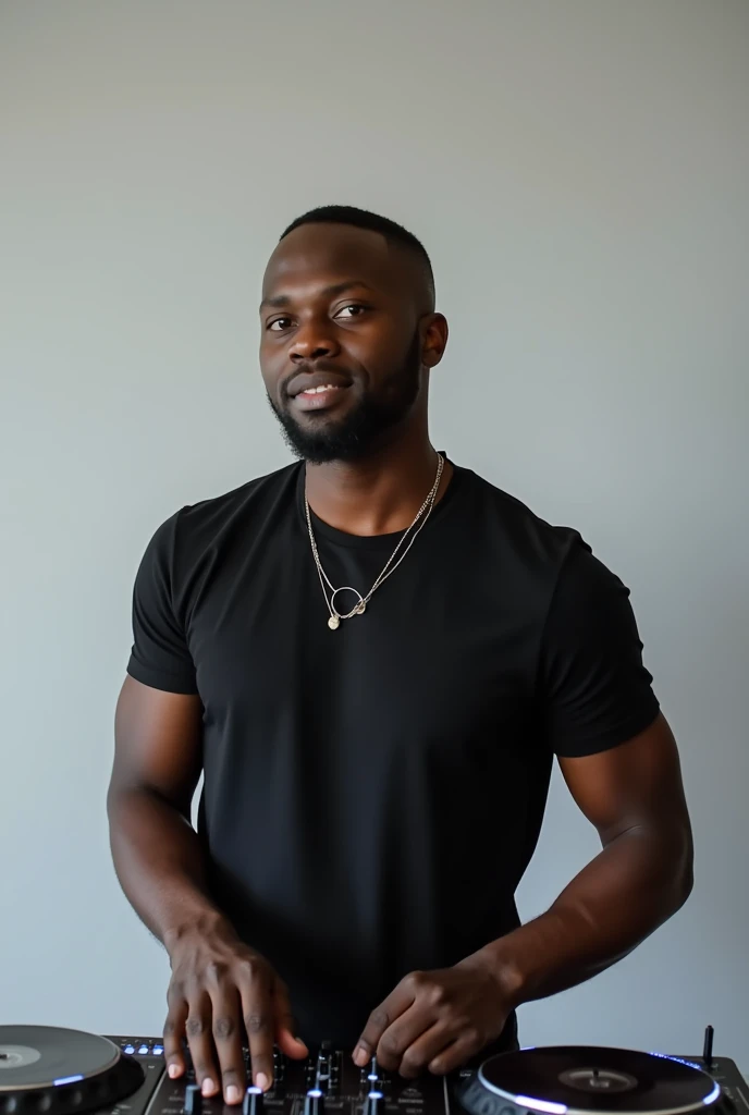 Photo of a male dj performing and posing for the photo(kenyan) in black t shirt and very few jewelries to use as a logo for my video mixes.