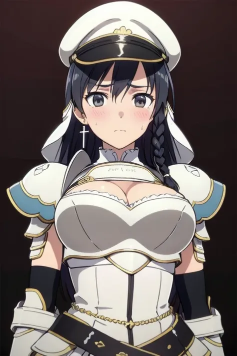 Sonia Blanche, cross earrings, hair ornament, veil, armored dress, pauldrons, breastplate, gauntlets, belt, skirt, greaves, (white peaked cap), 1girl, solo, upper body, big breasts, facing viewer, looking at viewer, (aroused facial expression), blush, swea...