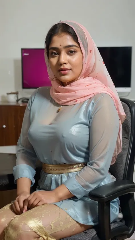 Day scene, full body photo of a plus sized 45 year old indian with a man from top view, (Masterpiece, Best Quality, High Resolution), office Background, (cum Splash on her breasts and nipples, cum Splash on her face, Splash of cum, cum Splash on her blouse...