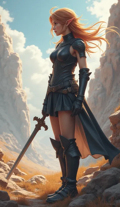 Theme of the game Final Fantasy. Image of a bronze-haired girl standing holding her favorite sword, wearing light armor in black and white, pastel colors, and dramatic tones. A masterpiece with the highest resolution , Image type surreal