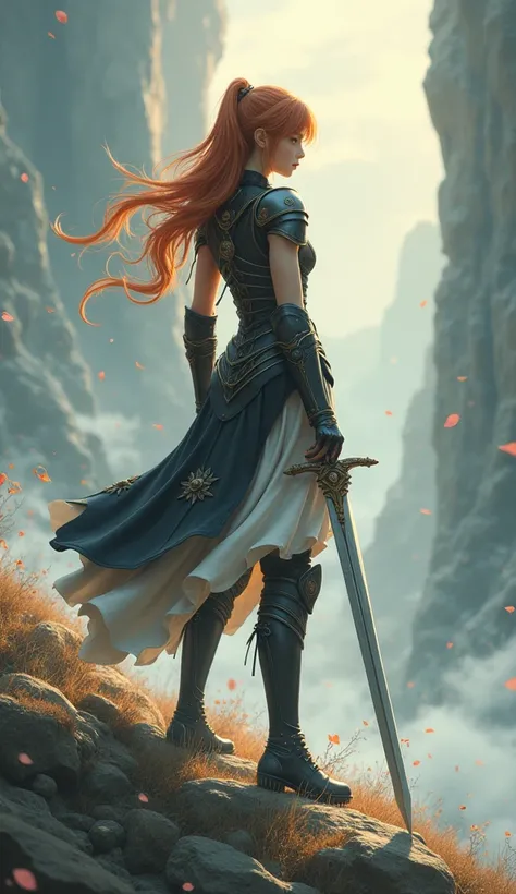 Theme of the game Final Fantasy. Image of a bronze-haired girl standing holding her favorite sword, wearing light armor in black and white, pastel colors, and dramatic tones. A masterpiece with the highest resolution , Image type surreal