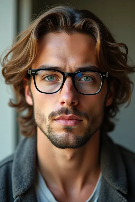 Realistic photo of 26 year old man; long hair, dark blonde and curly; blue colored eyes; shaved beard and glasses