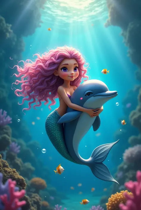 Brown mermaid with pink curly hair, purple eyes. Hugging with dolphin