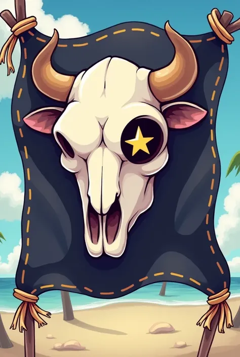 A pirate flag with a cow skull in profile, one eye is a star, like in a one-piece dress、Cute image