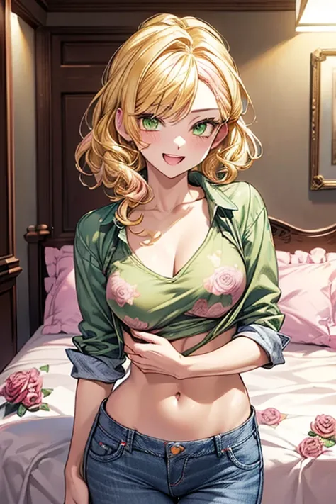 (((pink rose print bra))), Very detailed、highest quality、Best image quality、masterpiece、8k、Anime Face、A kind smile、Open Mouth、((yellow middle hair:1.5))、big breast, sexy、 beautiful body 、Cowboy Shot, Sexual Intercourse, ((green eyes)), hotel bedroom, ((( J...