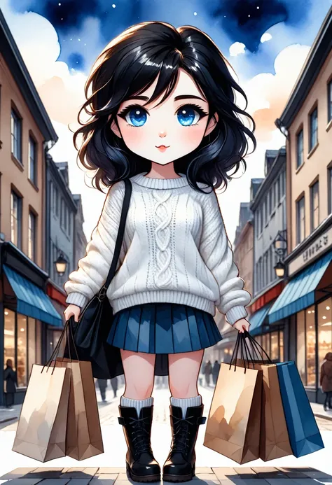 Chibi style, Masterpiece, best quality, solo representation of a woman with wavy black hair and blue eyes, looking directly at the viewer. She is wearing a white sweater paired with a black skirt and long black boots. The scene is depicted as a watercolor ...