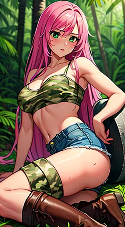 highest quality，(masterpiece)，(((Whole body image)))，(girl１)， (Highly detailed face), Grim face, Beautiful lips,（Big green eyes)，(Smooth long straight pink hair:1.5）,(strong pink hair:1.6),(Denim hot pants:1.3),(Camouflage pattern tube top:1.3),(Brown leat...