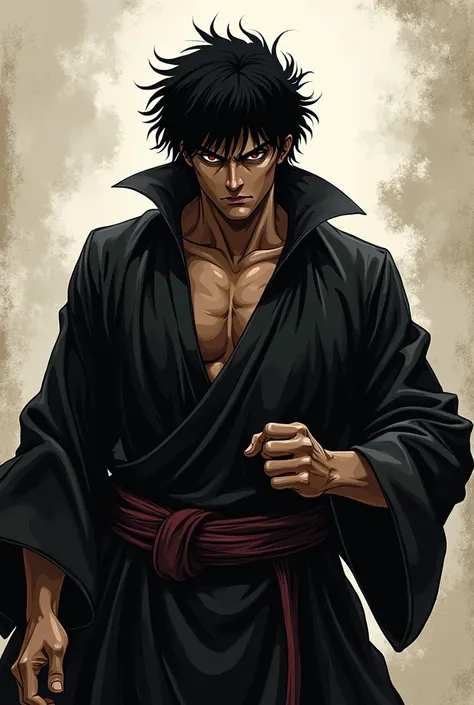 man, Ten years, Fighting posture, dark skin, Wearing a black robe, Berserk art style, Kentaro Miura&#39;s art style, good anatomy, Perfect eye positioning, Sharp features, Express confidence