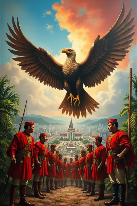 painting of Indonesian independence with the Garuda bird and heroes and the capital city of the archipelago