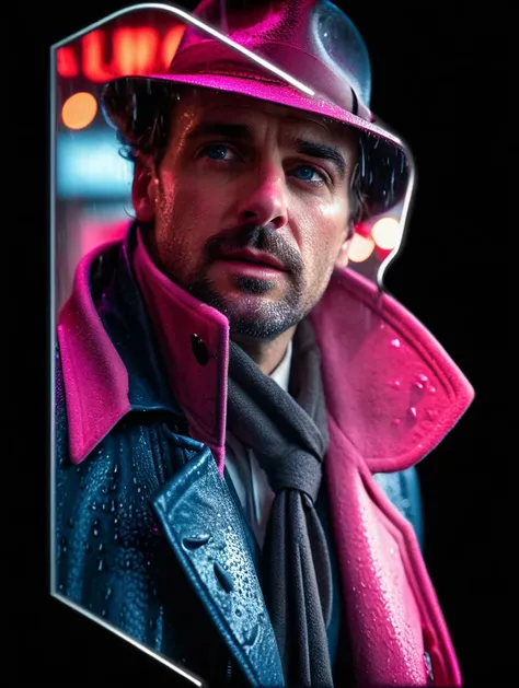 cinematic film still {Neon Noir Showdown: (masterpiece, 8K, UHD, photo-realistic:1.3), grizzled detective with (stubble and piercing blue eyes:1.1), (trench coat:1.2), fedora hat, in a rain-soaked alley, neon signs reflecting on puddles, tense standoff wit...