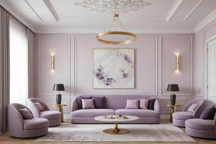 neoclassical livingroom interior, white tone, wooden floor, gray carpet, ceiling light, light purple sofa and flower, picture, w...