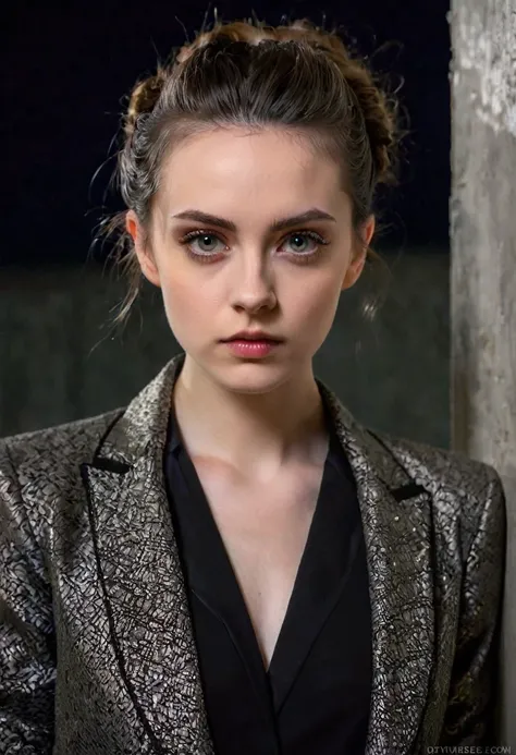 An ominous, pale, stern, young woman, with menacing eyes, and an elegant hairstyle, wearing an elegant jacket, in front of drywall, at night, (portrait photography, subsurface scattering)