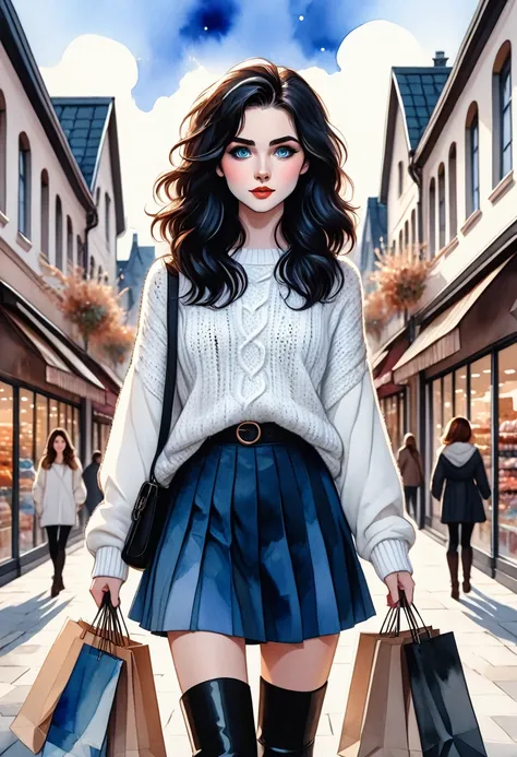 kawaii style, Masterpiece, best quality, solo representation of a woman with wavy black hair and blue eyes, looking directly at the viewer. She is wearing a white sweater paired with a black skirt and long black boots. The scene is depicted as a watercolor...