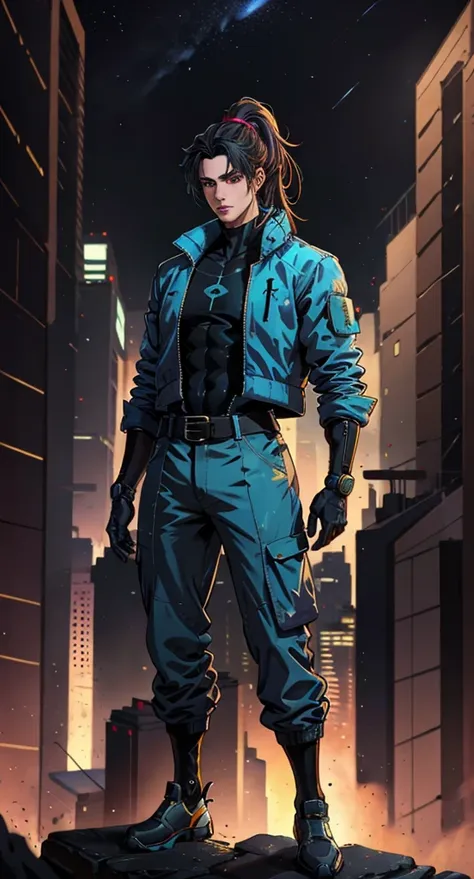 homelandercomicacc, a man with black hair tied in a ponytail, stands tall and imposing, a futuristic sci-fi style blue short jac...