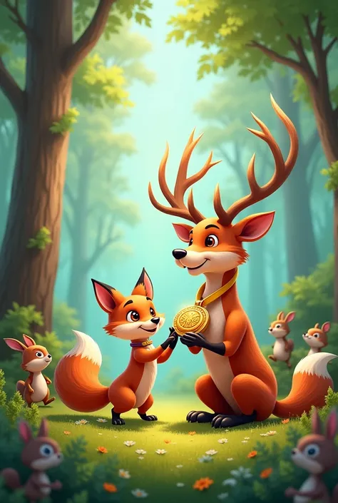 Felix Getting the Medal

"A little fox with a happy expression, receiving a shiny medal from a proud stag in a forest clearing filled with cheering animals."