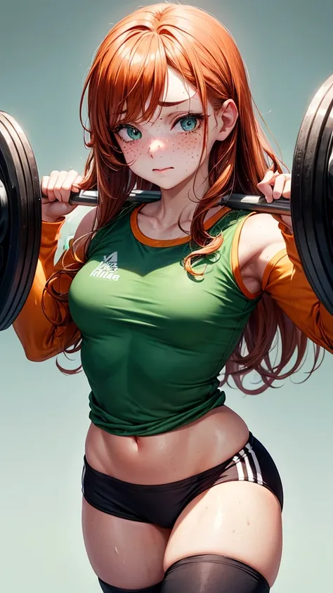 Create a woman with a rude but beautiful face, who is in a gym lifting small weights, wearing a short sports top with long sleeves and sports pants, she is exercising, with sweat on her face. Her eyes are luminous green, subtle freckles on her cheeks, and ...