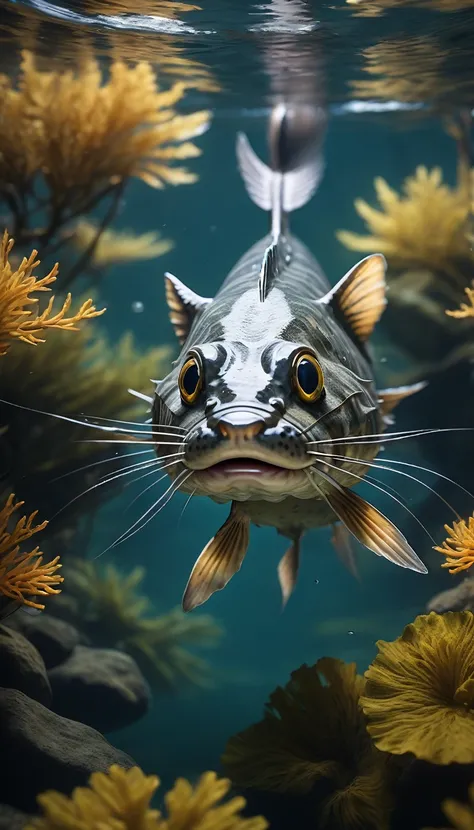 a furry catfish swimming in river water, best quality, 4k, 8k, highres, masterpiece:1.2, ultra-detailed, realistic, photorealistic, photo-realistic:1.37, highly detailed animal, intricate patterns, realistic lighting, fantastical creature