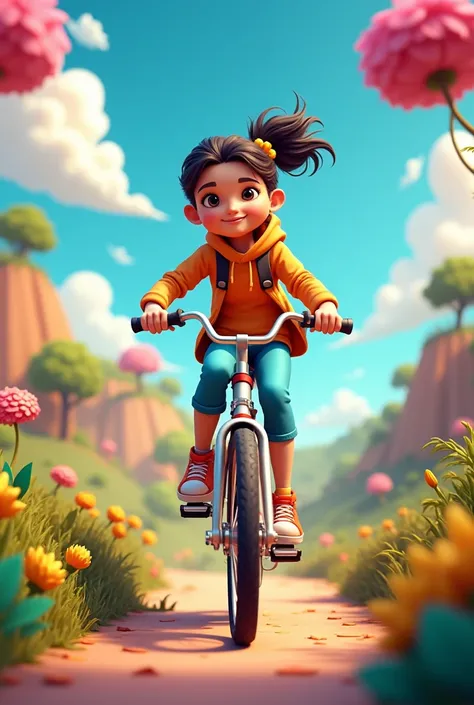 A girl is riding a bicycle. 3D