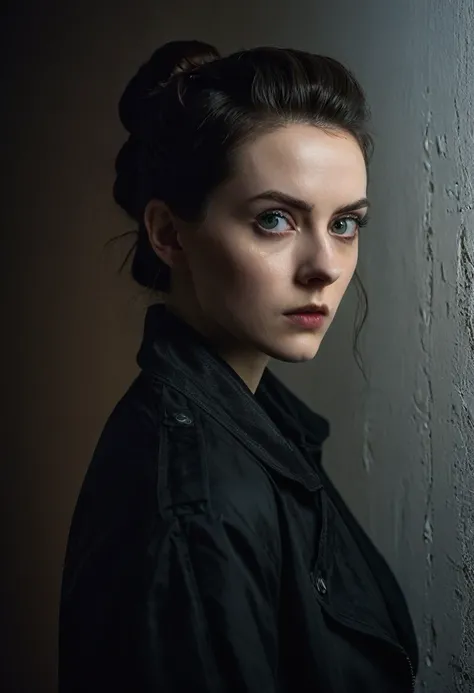 An ominous, pale, stern, young woman, with menacing eyes, and an elegant hairstyle, wearing an elegant jacket, in front of drywall, at night, (portrait photography, subsurface scattering)