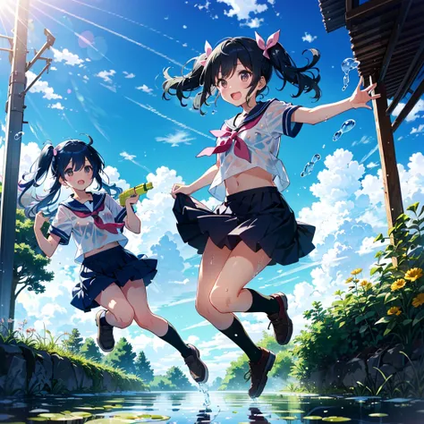 2girls, gradient hair, blue hair, very long hair, twintails, pink eyes, pink hairpins, jump in the air, excited, open mouth, blue serafuku, black pleated skirt, high socks, hair lifted by motion, skirt lifted by motion, wet hair, wet clothes, wet shoes, ho...