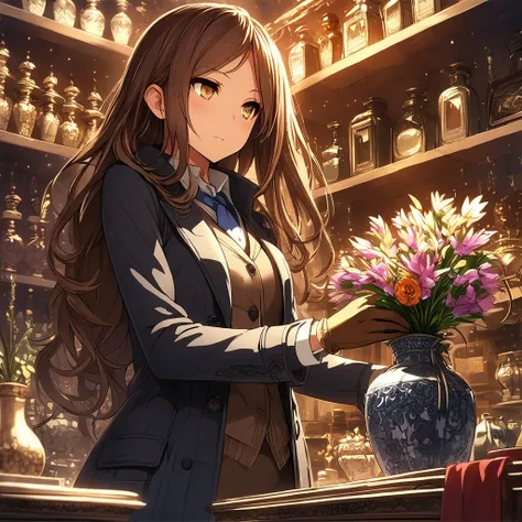 Masterpiece, Very detailed, Ultra-detailed, one shopkeeper, Masterpiece, Very detailed, Ultra-detailed, mid-length hair, brown hair, vest, over coat, hazel amber eyes, gloves, putting away a vase