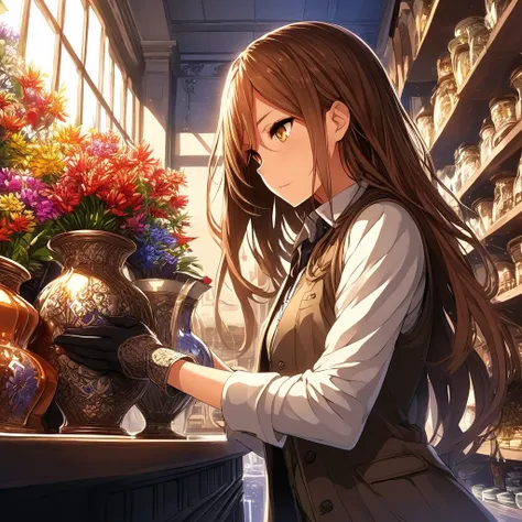 Masterpiece, Very detailed, Ultra-detailed, one shopkeeper, Masterpiece, Very detailed, Ultra-detailed, mid-length hair, brown hair, vest, over coat, hazel amber eyes, gloves, putting away a vase