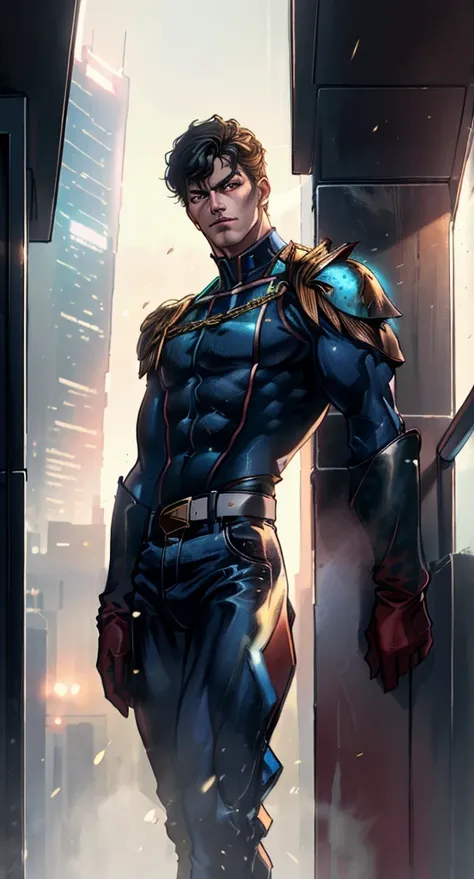 homelandercomicacc, a man with black hair, stands tall and imposing, a futuristic sci-fi style blue short jacket, a dark bodysui...