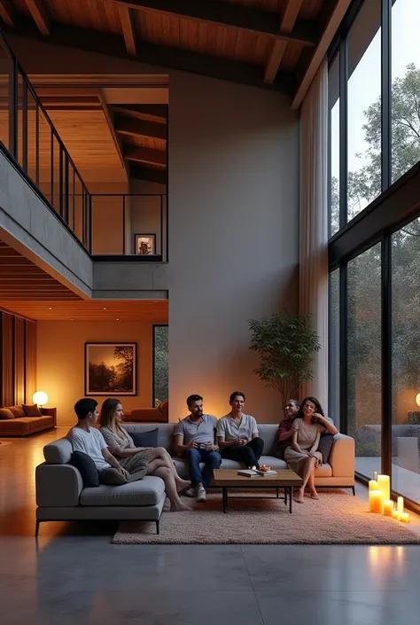 loft design, seven people on the L-shape sofa, open lobby, lighted up by candles, glazing,  photo realistic