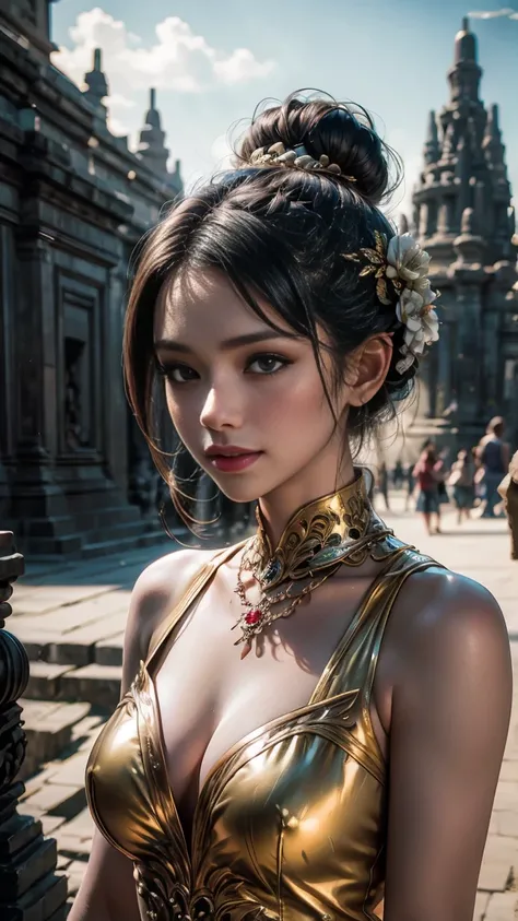 1female, a woman in the era of the Majapahit kingdom, is having a traditional Javanese wedding with gold and black ornaments, wearing a typical Javanese bun, with a charming and charming gaze, smiling, oriental female, with the Prambanan temple in the back...