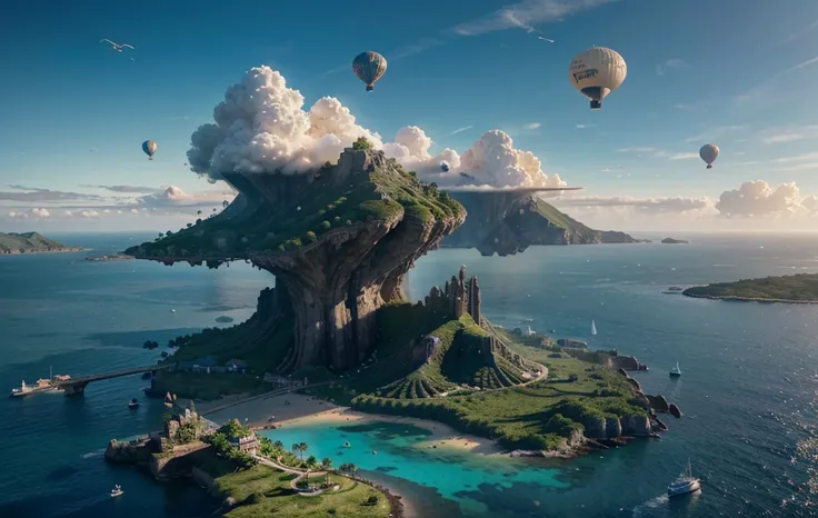 many islands suspended in the sky，Many blimps flying around, City, fantasy, The growth of magical plants, extreme details, realistic light, epic work, (intricate details), (Complex design, Super detailed :1.2), art station, (masterpiece, best quality), Ult...