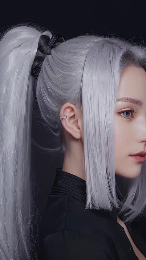 a close up of a woman with a ponytail and a black shirt, Silver Hair (ponytail), silver ponytail hair, Silver Hair ponytail, girl silver ponytail hair, girl Silver Hair, white ponytail hair, Silver Hair girl, Light grey long hair, White long hair, Tifa Loc...