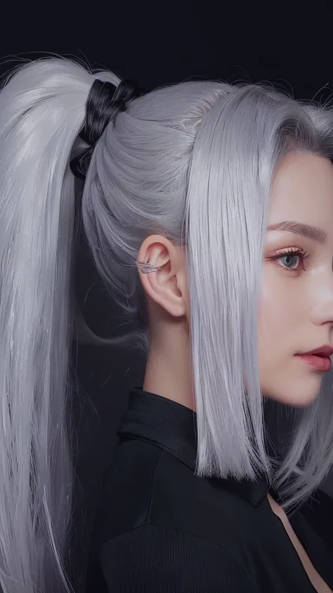 a close up of a woman with a ponytail and a black shirt, Silver Hair (ponytail), silver ponytail hair, Silver Hair ponytail, girl silver ponytail hair, girl Silver Hair, white ponytail hair, Silver Hair girl, Light grey long hair, White long hair, Tifa Loc...