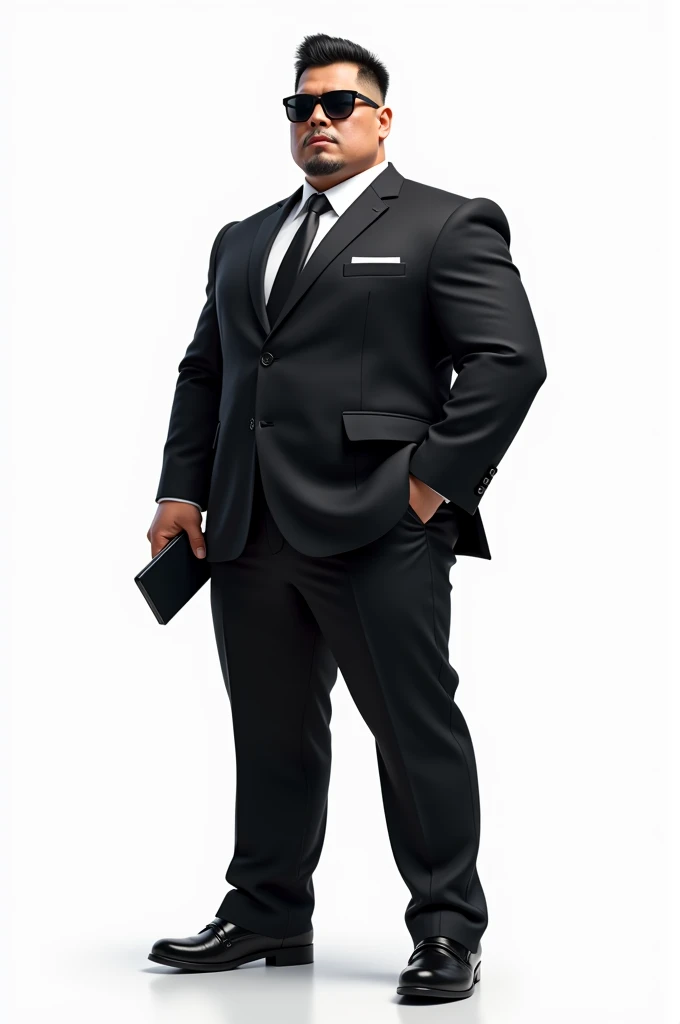 Asian strong buff man(He is strong,buff,confident, wears a suit and sunglasses and look fearless holding phone.)with white background