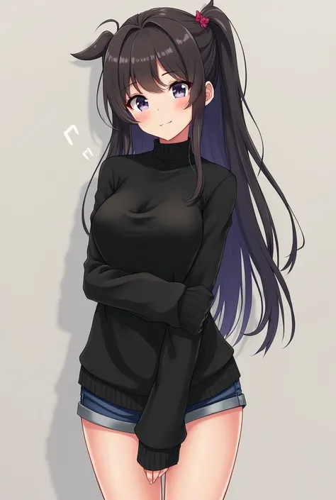 An anime girl wearing a tight black sweater and short shorts