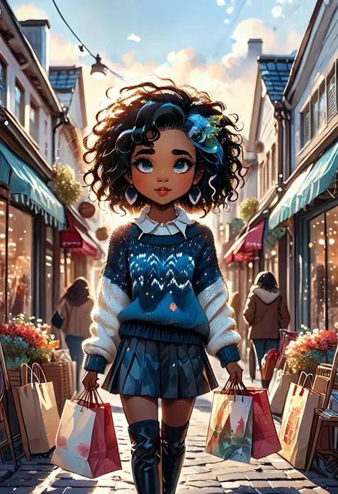 kawaii style, masterpiece, best quality, solo representation of a black woman with wavy black hair and blue eyes, looking straight at the viewer. She is wearing a white sweater paired with a black skirt and long black boots. The scene is depicted as a cart...