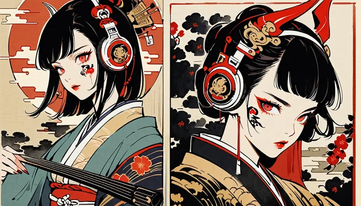 Ink Painting, (((独奏))), (((Tattoo on face))), (((Japanese String Instruments))), Japanese style headphones, Beautiful girl possessed by a demon, Black Hair, Red eyes, Delicate and precise, Modern ukiyo-e style