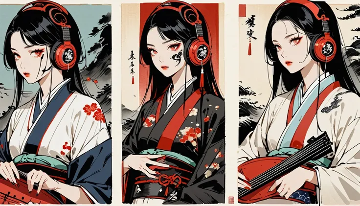 Ink Painting, (((独奏))), (((Tattoo on face))), (((Japanese String Instruments))), Japanese style headphones, Beautiful girl possessed by a demon, Black Hair, Red eyes, Delicate and precise, Modern ukiyo-e style