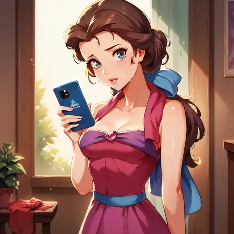 score_9_presence, score_8_up, Belle, wrapped in towel, medium breasts, holding phone