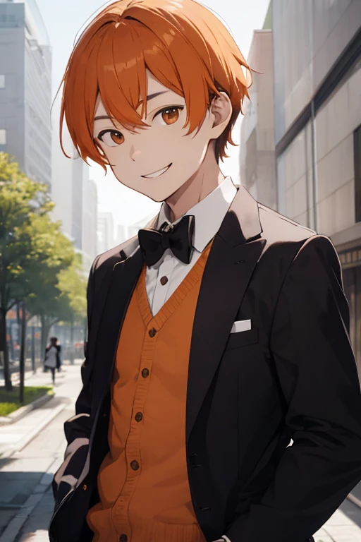 Korean man, with orange hair, smiling face, formal clothes, a school in the background 