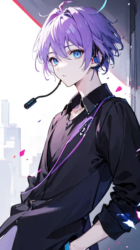 ((Highest quality)), ((masterpiece)), ((1 person)),Perfect Face、male、Purple hair color、Light blue eyes、Very short hair、vocal、pale colour、whole body、Black Shirt、headphone