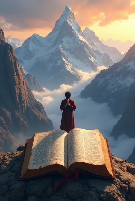 Create an image for a prayer moment with a Bible on a mountain