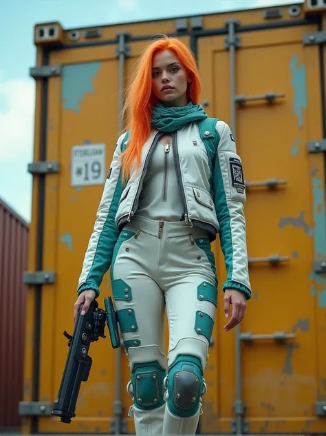 A young woman, around 18 years old, with long hair that starts as a bright celeste at the roots and gradually transitions into a vibrant orange towards the tips. She has a confident yet innocent expression, in a cyberpunk style. The scene is viewed from a ...