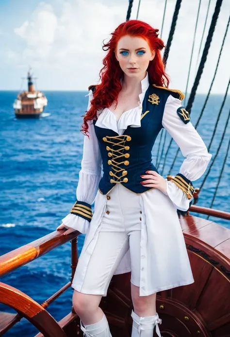 Pirate girl wearing a captain outfits, white skin, ocean blue eyes red hair, standing at ship