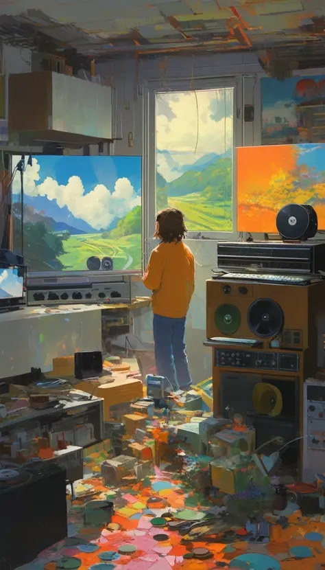 record cover aphex twin, colors in the background are softer, "Selected Ambient Works Vol. 4", acrylic painting, trending on pixiv fanbox, palette knife and brush strokes, style of makoto shinkai jamie wyeth james gilleard edward hopper greg rutkowski stud...