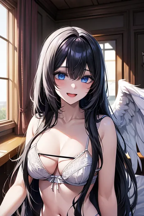 (((white angel wings))),Very detailed、highest quality、Best image quality、masterpiece、8k、Anime Face、A kind smile、Open Mouth、((black long hair:1.5))、big breast, sexy、 beautiful body 、Cowboy Shot, Sexual Intercourse, ((blue eyes)), hotel bedroom, (((white lin...